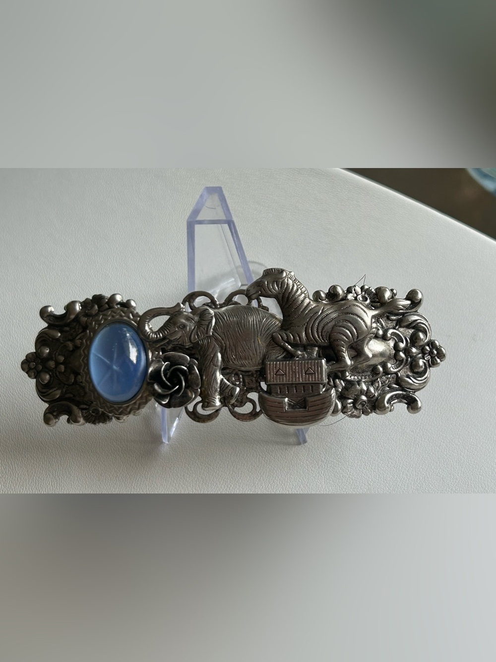 Made in France-  Noah's Ark Hair Barrette with Blue Cabochon